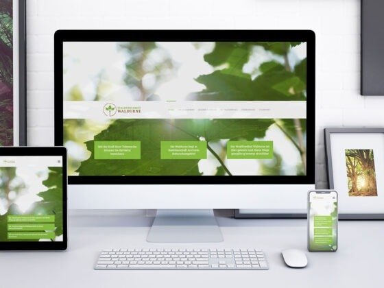 Monitor, Tablet und Smartphone zeigen eine Website mit Naturdesign auf weißem Schreibtisch mit Zubehör. Monitor, Tablet und Smartphone zeigen eine Website mit Naturdesign auf weißem Schreibtisch mit Zubehör.