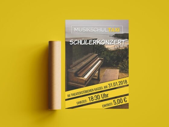 Gelber Flyer zeigt Klavier, Text mit Datum 31.01.2018, Uhrzeit 18:30, Eintritt 5 €, Schülerkonzert. Gelber Flyer zeigt Klavier, Text mit Datum 31.01.2018, Uhrzeit 18:30, Eintritt 5 €, Schülerkonzert.