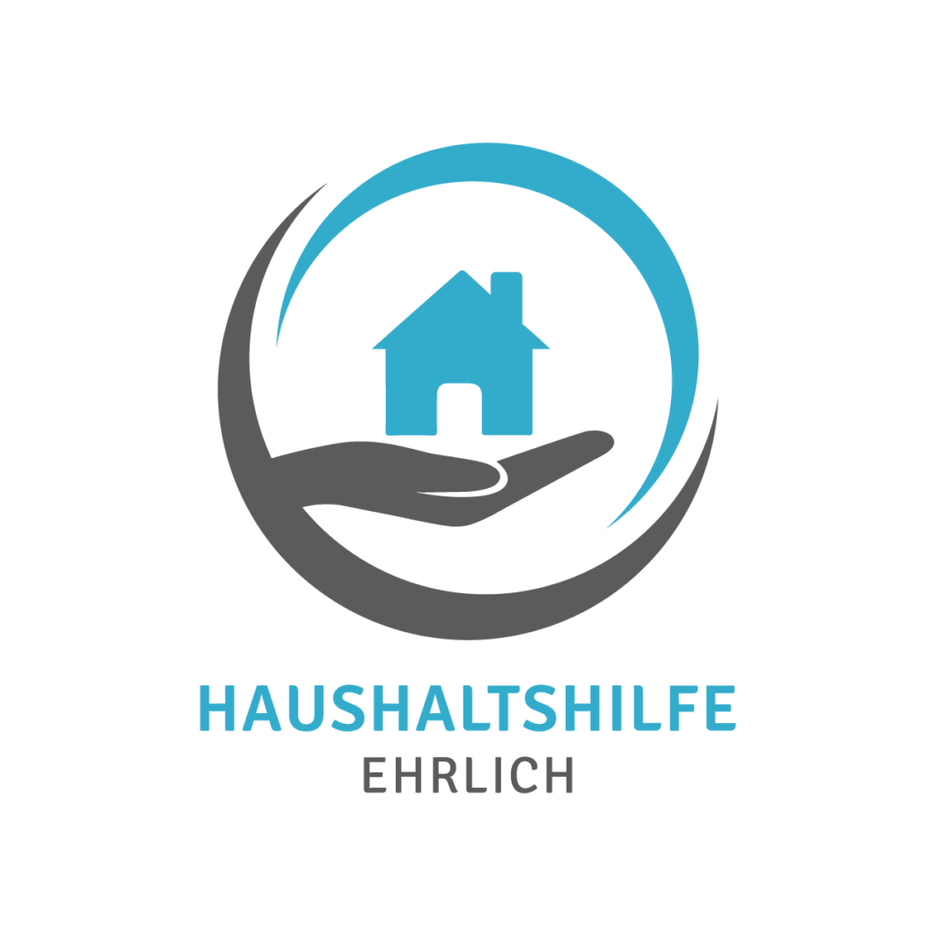 Logo: Graue Hand hält blaues Haus, umgeben von blauen und grauen Bögen. Unten steht "HAUSHALTSHILFE EHRLICH". Logo: Graue Hand hält blaues Haus, umgeben von blauen und grauen Bögen. Unten steht "HAUSHALTSHILFE EHRLICH".