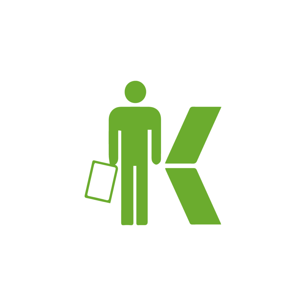 Grünes Symbol einer Person mit Aktentasche steht neben einem großen Buchstaben K auf weißem Hintergrund. Grünes Symbol einer Person mit Aktentasche steht neben einem großen Buchstaben K auf weißem Hintergrund.