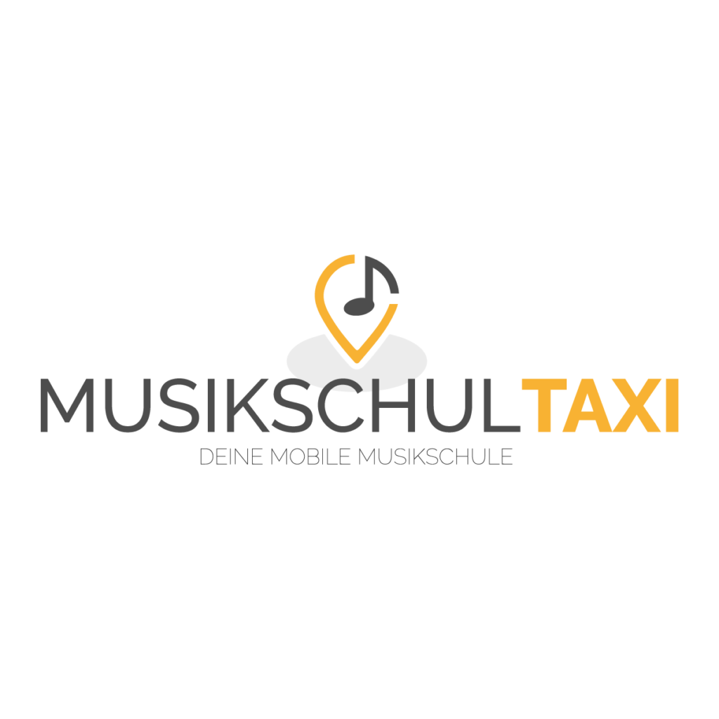 Logo: Musiknote in gelbem Kartensymbol, darüber "Musikschul Taxi", darunter "DEINE MOBILE MUSIKSCHULE". Logo: Musiknote in gelbem Kartensymbol, darüber "Musikschul Taxi", darunter "DEINE MOBILE MUSIKSCHULE".