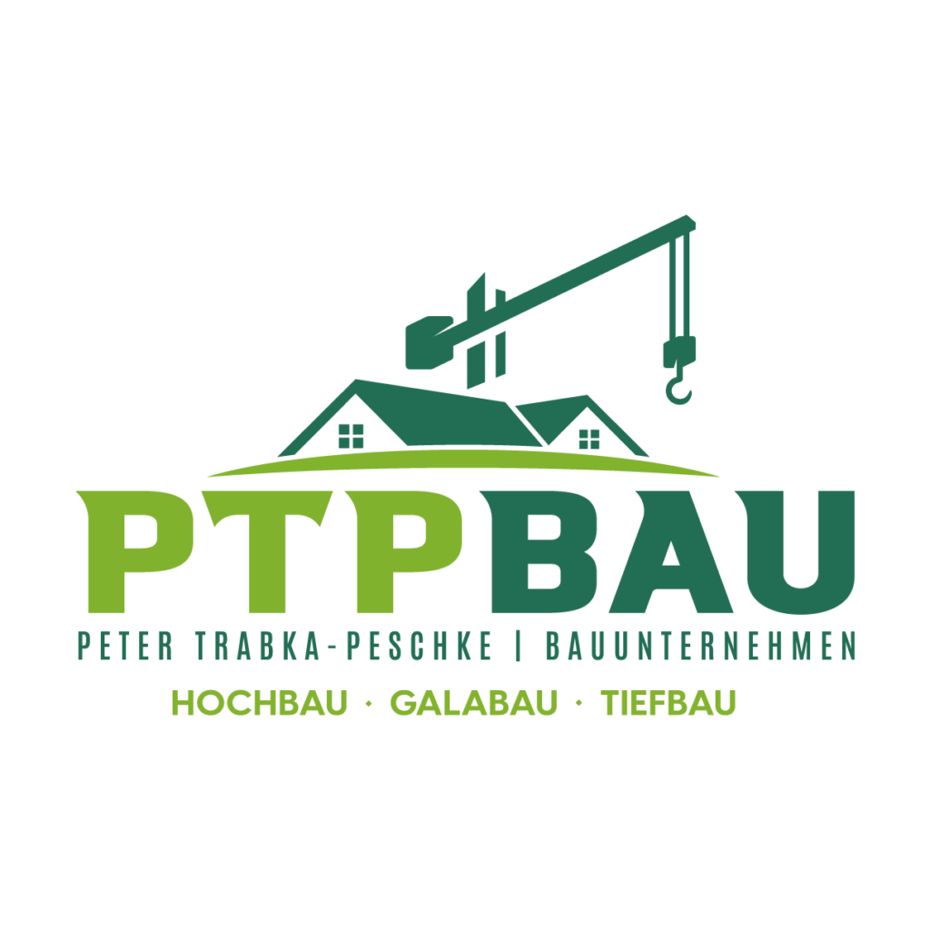 Logo zeigt Haus, Kran und den grünen Schriftzug "PTP BAU Peter Trabka-Peschke Bauunternehmen Hochbau Galabau Tiefbau". Logo zeigt Haus, Kran und den grünen Schriftzug "PTP BAU Peter Trabka-Peschke Bauunternehmen Hochbau Galabau Tiefbau".