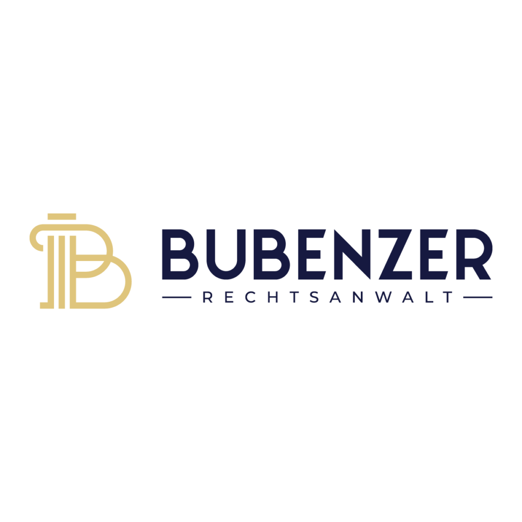Logo: Links ein goldenes, stilisiertes "B", rechts daneben "BUBENZER RECHTSANWALT" in dunkelblau auf hellem Grund. Logo: Links ein goldenes, stilisiertes "B", rechts daneben "BUBENZER RECHTSANWALT" in dunkelblau auf hellem Grund.