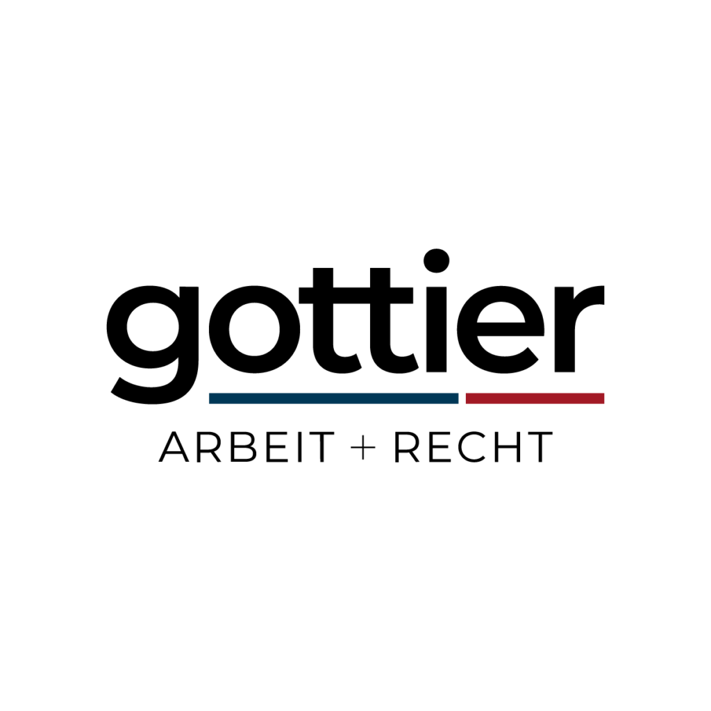 Das Bild zeigt das Logo "gottier ARBEIT + RECHT", gottier fett, darunter blaue und rote Linie. Das Bild zeigt das Logo "gottier ARBEIT + RECHT", gottier fett, darunter blaue und rote Linie.