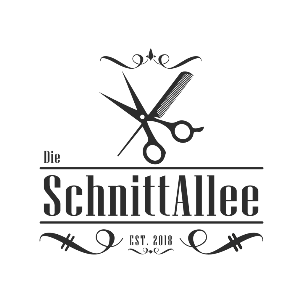 Logo mit Schere und Kamm über dem Schriftzug SchnitAllee, Zierlinien, Text "Die" und "EST. 2018". Logo mit Schere und Kamm über dem Schriftzug SchnitAllee, Zierlinien, Text "Die" und "EST. 2018".
