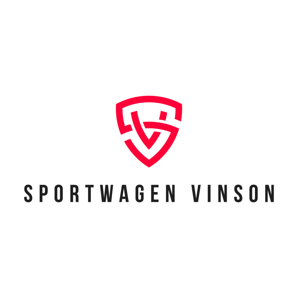Rotes abstraktes Schild-Logo über "SPORTWAGEN VINSON" in fetten, schwarzen Großbuchstaben auf hellgrauem Hintergrund. Rotes abstraktes Schild-Logo über "SPORTWAGEN VINSON" in fetten, schwarzen Großbuchstaben auf hellgrauem Hintergrund.