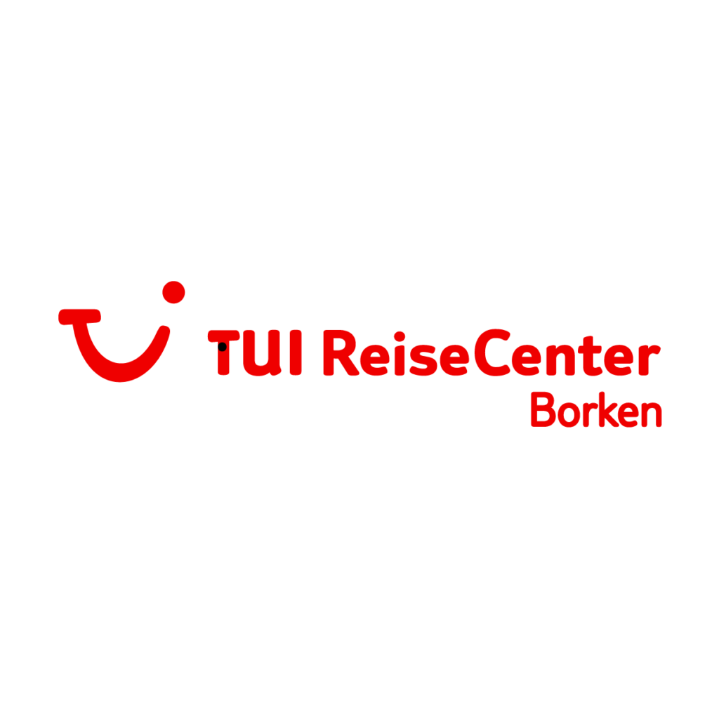 Rotes TUI ReiseCenter Borken Logo mit stilisiertem Smiley auf weißem Hintergrund. Rotes TUI ReiseCenter Borken Logo mit stilisiertem Smiley auf weißem Hintergrund.