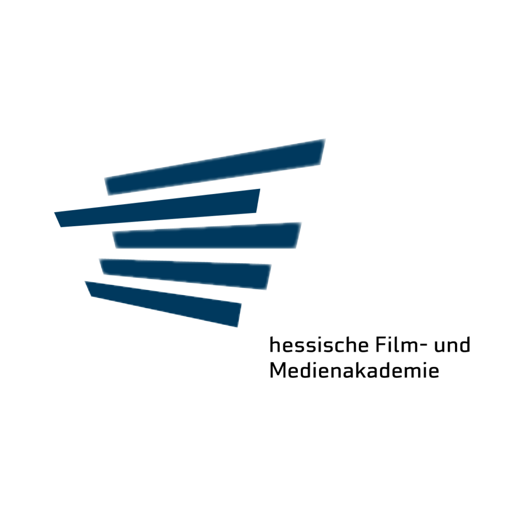 Logo mit fünf aufsteigenden blauen Balken und Text "hessische Film- und Medienakademie" auf Weiß. Logo mit fünf aufsteigenden blauen Balken und Text "hessische Film- und Medienakademie" auf Weiß.
