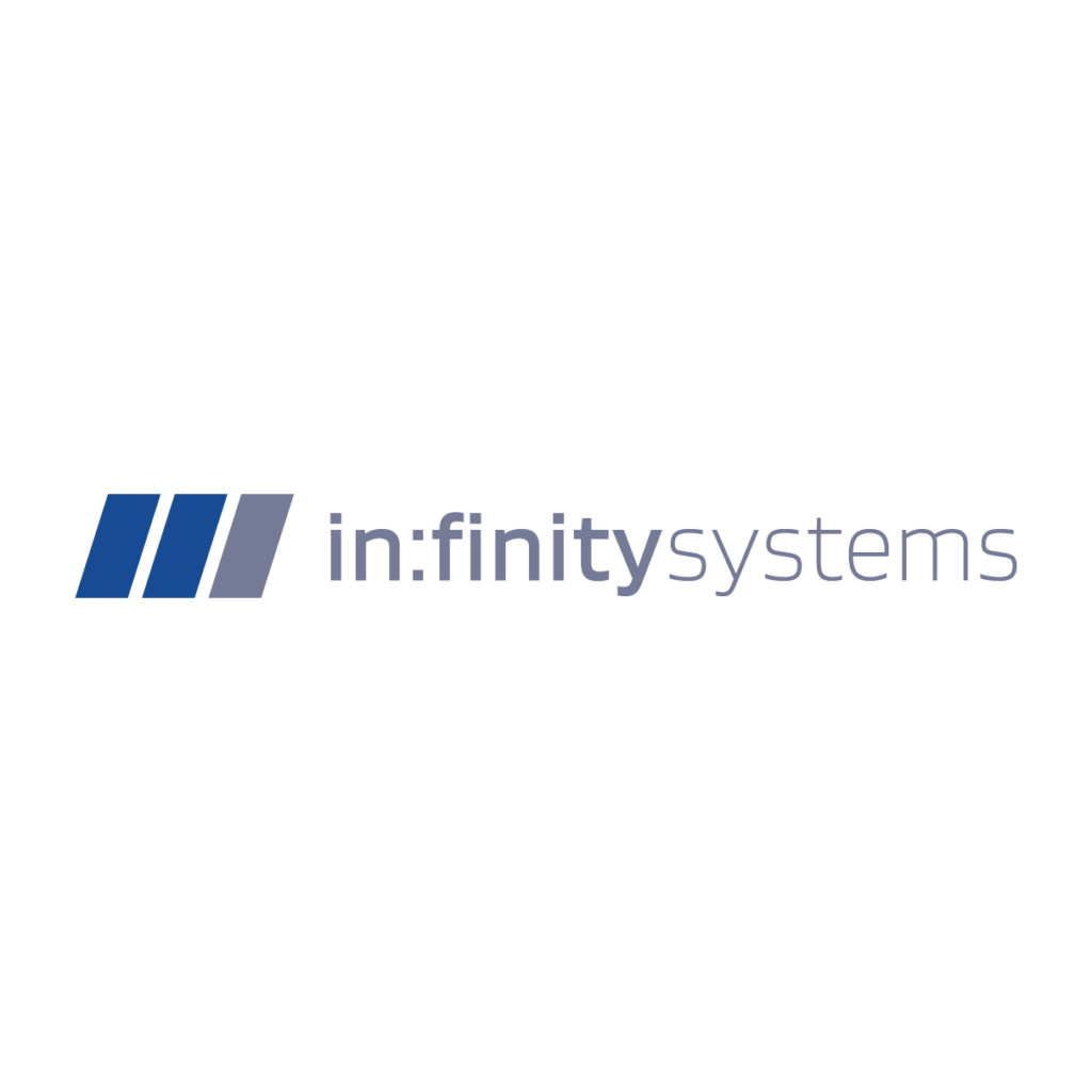 Drei parallele schräge Balken, gefolgt von "in:finitysystems" in moderner serifenloser Schrift auf hellem Grund. Drei parallele schräge Balken, gefolgt von "in:finitysystems" in moderner serifenloser Schrift auf hellem Grund.